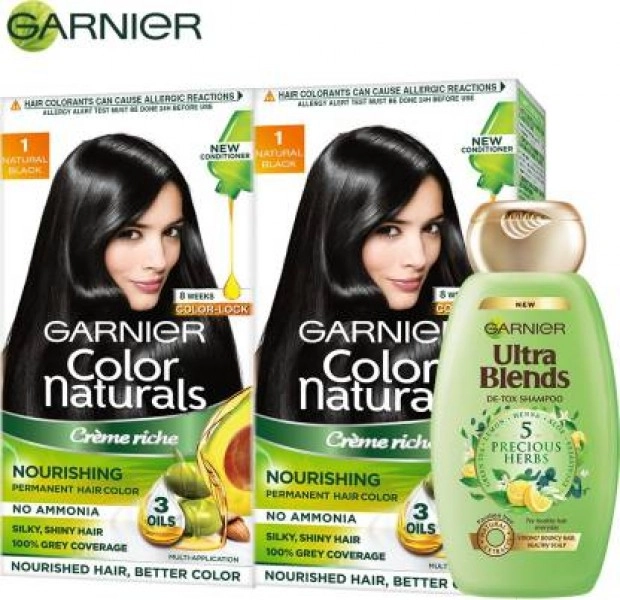 Garnier Color Naturals Crme Hair Color - Shade 1 Natural Black, 70ml+60g +  Ultra Blends Shampoo, 5 Precious Herbs, 340ml (Pack of 2) , Shade 1,  Natural Black - Sastagram